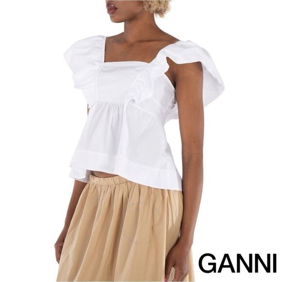 GANNI **NWT** Sleeveless Ruffle Cotton Poplin Blouse / Tank in Bright White - Picture 8 of 16